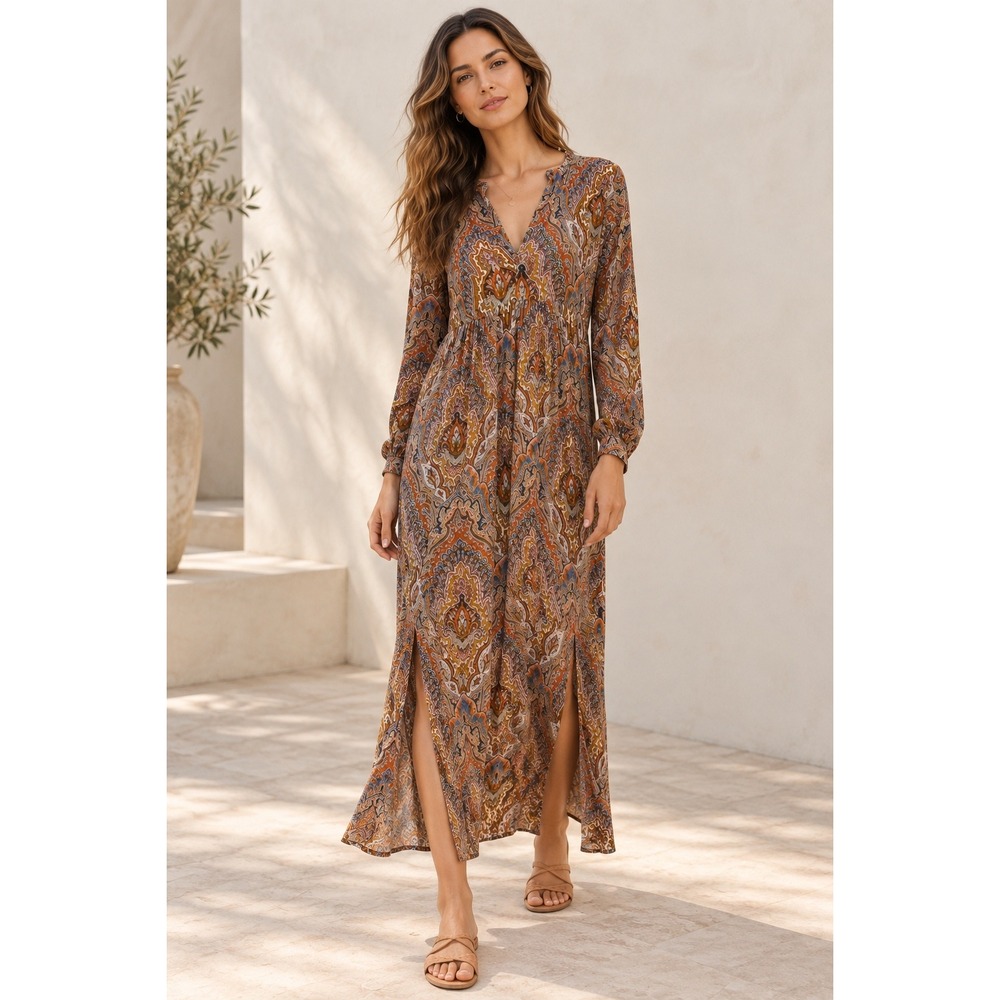 Zara Orange Brown Old Money Paisley Print Maxi Dress, L